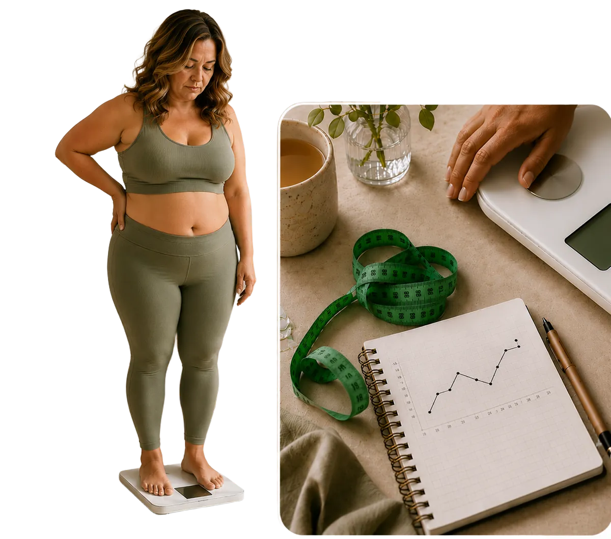 Woman tracking her weight loss progress with a scale and journal