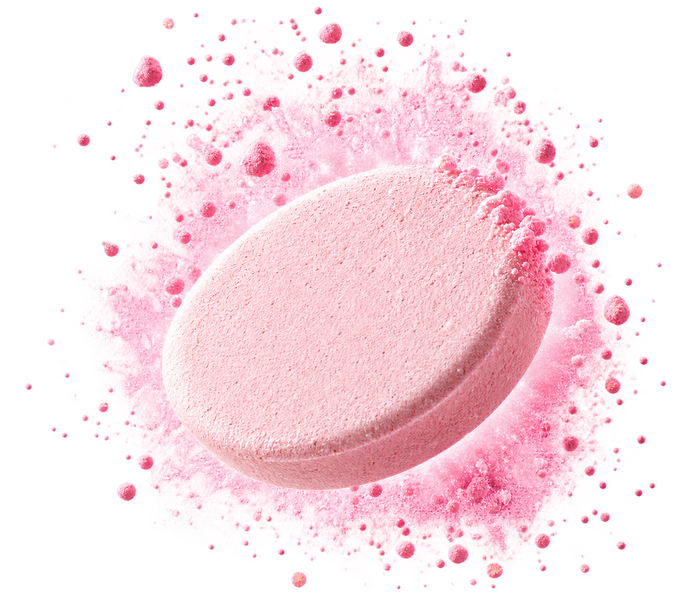 Pink Desira tablet surrounded by a dramatic burst of powder