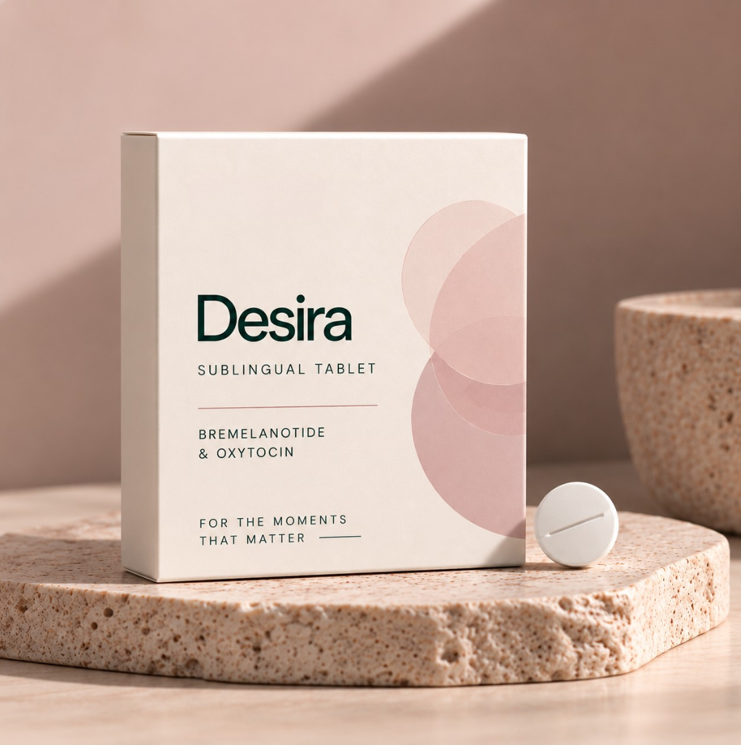 Desira sublingual tablet packaging with a scored tablet